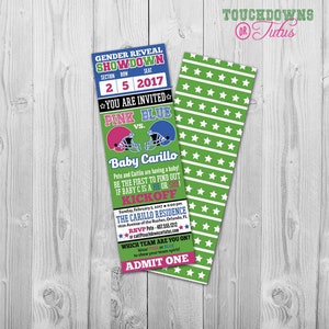 football gender reveal invitation, gender reveal football ticket invitation, football gender reveal party invite baby gender reveal football
