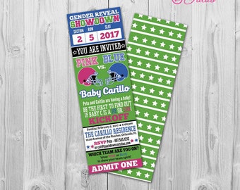football gender reveal invitation, gender reveal football ticket invitation, football gender reveal party invite baby gender reveal football