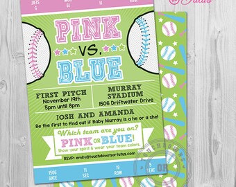 May include: A baby shower invitation with a baseball theme. The invitation features the text "Pink vs. Blue" with baseballs and stars. The event details include the date, time, and location. The invitation also includes the names of the parents-to-be.