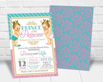 Prince or Princess Gender Reveal Party Invitation, Princess or Prince Gender Reveal Invitation, Vintage Baby Reveal Invites, Printable DIY
