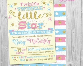 Twinkle Twinkle Little Star Gender Reveal Invitation, Gender Reveal Invitation Printable, Blue or Pink and Gold, Gender Reveal Invite
