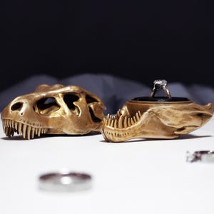 Caja para anillos con calavera de T-Rex: ideal para compromisos y pedidas de mano.