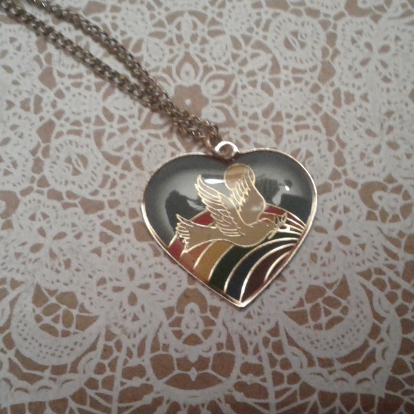 Rainbow Dove Clear Coat Enamel Heart Shaped Pendant Necklace