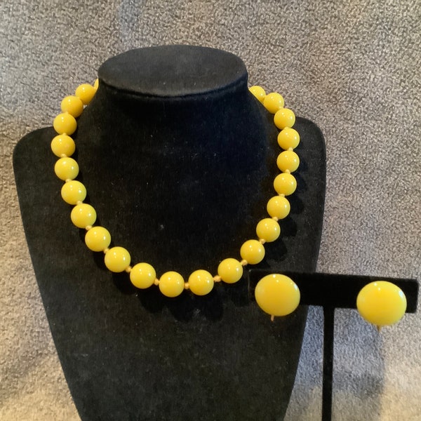 Cold War Era West Germany Yellow Plastic Necklace and Clip-On Earring Set