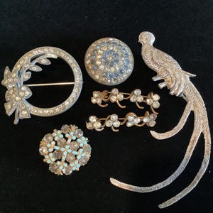 Könnte beinhalten: Ein Set aus sechs Vintage-Broschen in Silberton. Die Broschen zeigen verschiedene Designs, darunter einen Kranz, einen Vogel und eine Blumenansammlung. Die Broschen sind mit klaren und blauen Strasssteinen verziert.