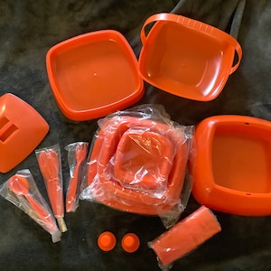 Mid-Century Modern Orange Plastic Picnic Set For 4