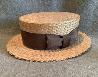 Adam Regent Straw Hat with Brown Grosgrain Ribbon Hatband,  Boater Style