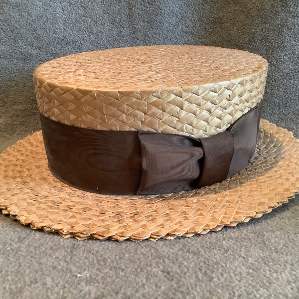 Adam Regent Straw Hat with Brown Grosgrain Ribbon Hatband,  Boater Style