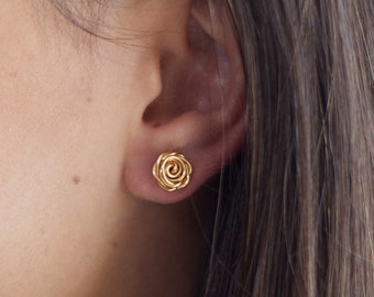 Gold Earrings, Gold Rose Earrings, Rose Studs, Gold Flower Earrings, Bridesmaid Earrings, Wedding Jewelry, Birthday Gift, Anniversary Gift