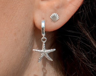 Silver Huggie Earrings, Starfish Huggie Hoops, Dainty Silver Huggies, Silver Drop Earrings, Starfish Earrings, Boho Jewellery, Gift for Her