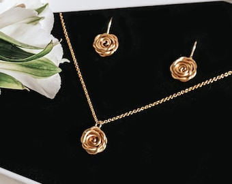 Gold Rose Jewellery Set, Rose Jewellery Gift, Gold Jewellery, Bridesmaid Gift, Wedding Jewellery, Anniversary Gift, Feminine Jewellery Gift