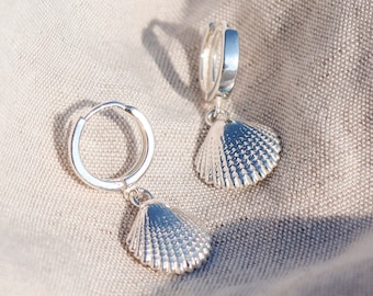 Silver Huggie Earrings, Shell Huggie Hoops, Sterling Silver Huggies, Silver Drop Earrings, Shell Earrings, Boho Jewellery, Beach Lover Gift