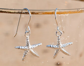 Starfish Earrings, Silver Starfish Earrings, Sterling Silver Earrings, Silver Drop Earrings, Nature Earrings, Boho Jewelry, Ocean Lover Gift