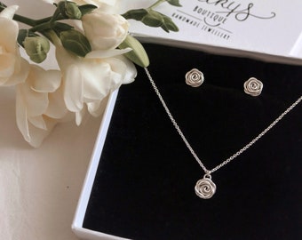 Silver Rose Jewellery Set, Rose Jewellery Gift, Silver Jewellery, Bridesmaid Gift, Wedding Jewellery, Anniversary Gift, Feminine Jewellery