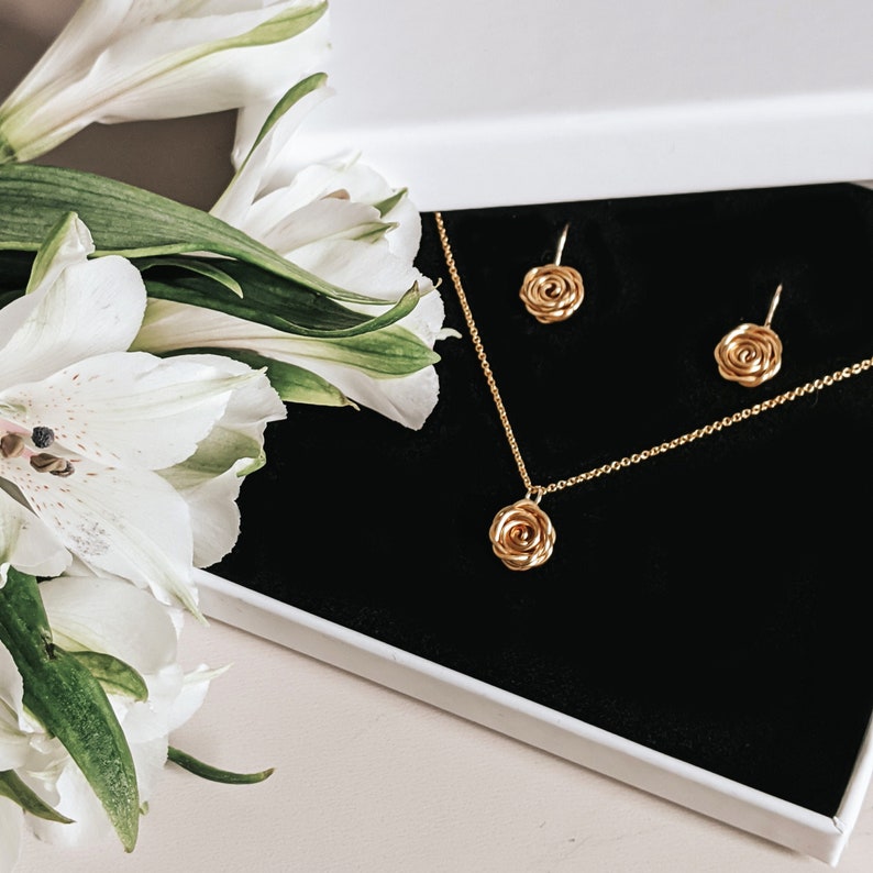 Gold Rose Jewellery Set, Rose Jewellery Gift, Gold Jewellery, Bridesmaid Gift, Wedding Jewellery, Anniversary Gift, Feminine Jewellery Gift image 1