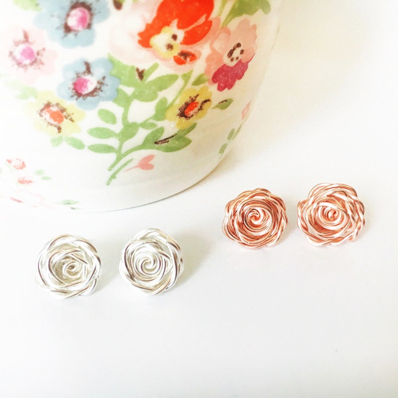 Rose Gold Earrings, Rose Earrings, Rose Studs, Rose Gold Flower Earrings, Bridesmaid Earrings, Wedding Jewellery, Birthday Gift for Her image 5