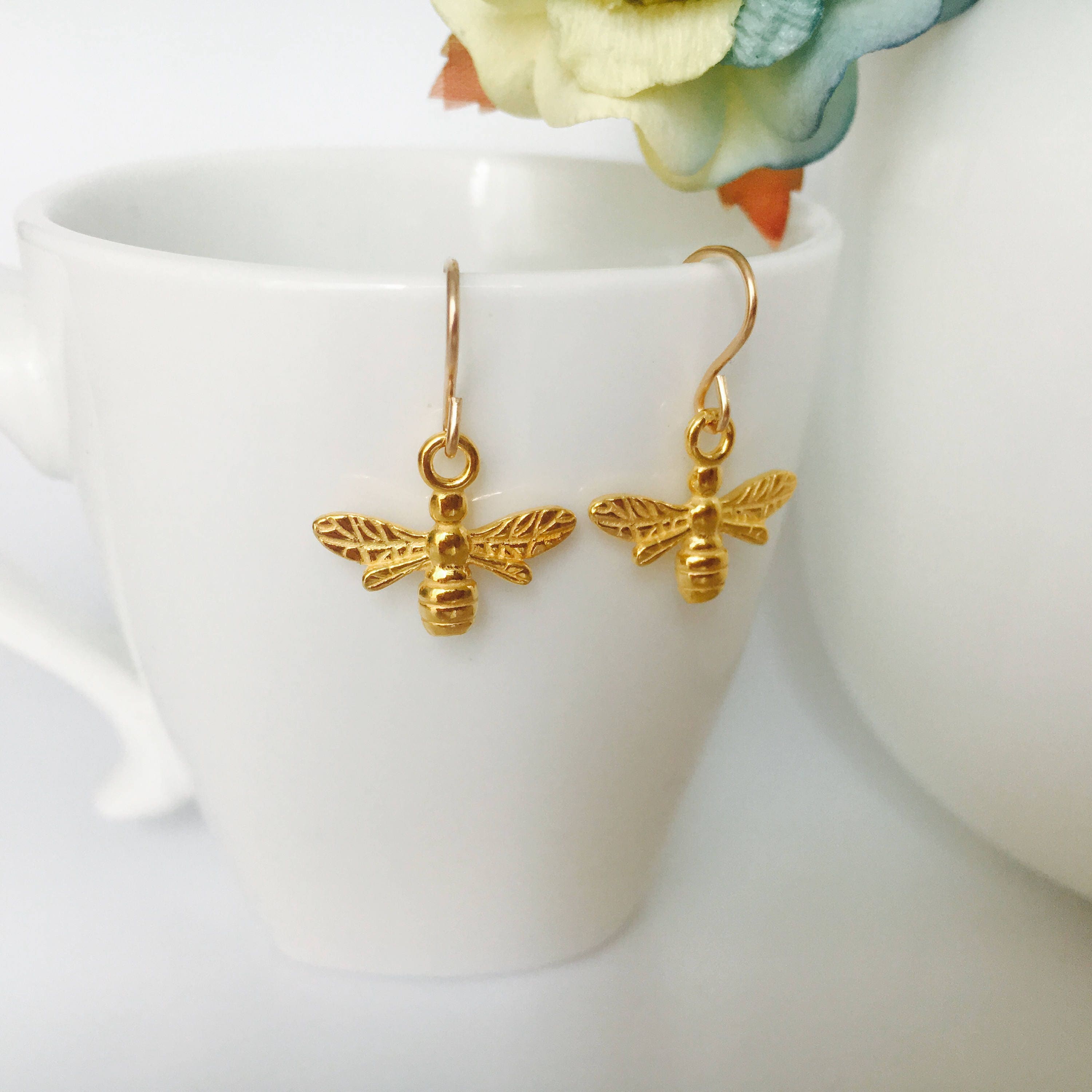 Gold Earrings Gold Bee Earrings Gold Drop Earrings Bee Etsy UK