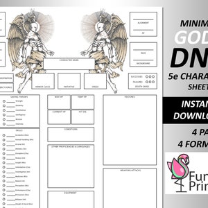 Hoja de personajes DnD Dioses Mínimo 5e / Hoja de personajes de dragones y mazmorras D&D 5e / Regalos DND / PDF rellenable/imprimible