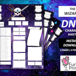 Könnte beinhalten: Ein druckbares Dungeons and Dragons Charakterblatt mit einem Galaxie-Hintergrund. Das Blatt ist mit "The Wizard" betitelt und zeigt einen Schädel mit gekreuzten Schwertern. Der Text "DND Character Sheet" ist in großer Schrift. Der Text "Instant Download" befindet sich unter dem Titel. Der Text "4 Pages | 4 Formats" befindet sich unter dem Download-Text. Der Text "Fun Printed" befindet sich in einem pinkfarbenen Flamingologo.