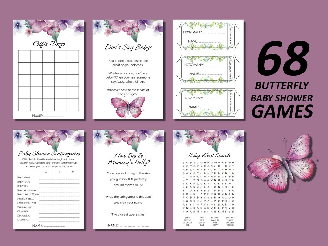 68 Purple Butterfly Baby Shower Games Bundle, Butterfly Baby Shower