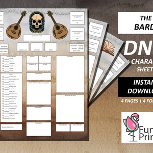 Hoja de personajes DnD 5e Bardo / Hoja de personajes de dragones y mazmorras D&D 5e / Regalos DND / PDF rellenable/imprimible