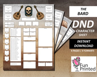DnD Character Sheet 5e Barde | Dungeons and Dragons Charakterbogen D&D 5e | DND Geschenke | Ausfüllbare/druckbare PDF