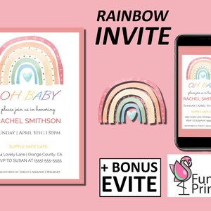 Rainbow Baby Shower Invitation, Boho Baby Shower Invitation Template Set, Digital Download, Oh Baby