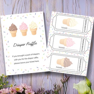 Ice Cream Diaper Raffle Sign and Tickets Game, Minimalist Baby Shower Diaper Raffle Insert, Editable Template, Instant Download