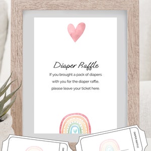 Diaper Raffle Sign and Tickets Game Rainbow Themed, Minimalist Baby Shower Diaper Raffle Insert, Editable Template, Instant Download
