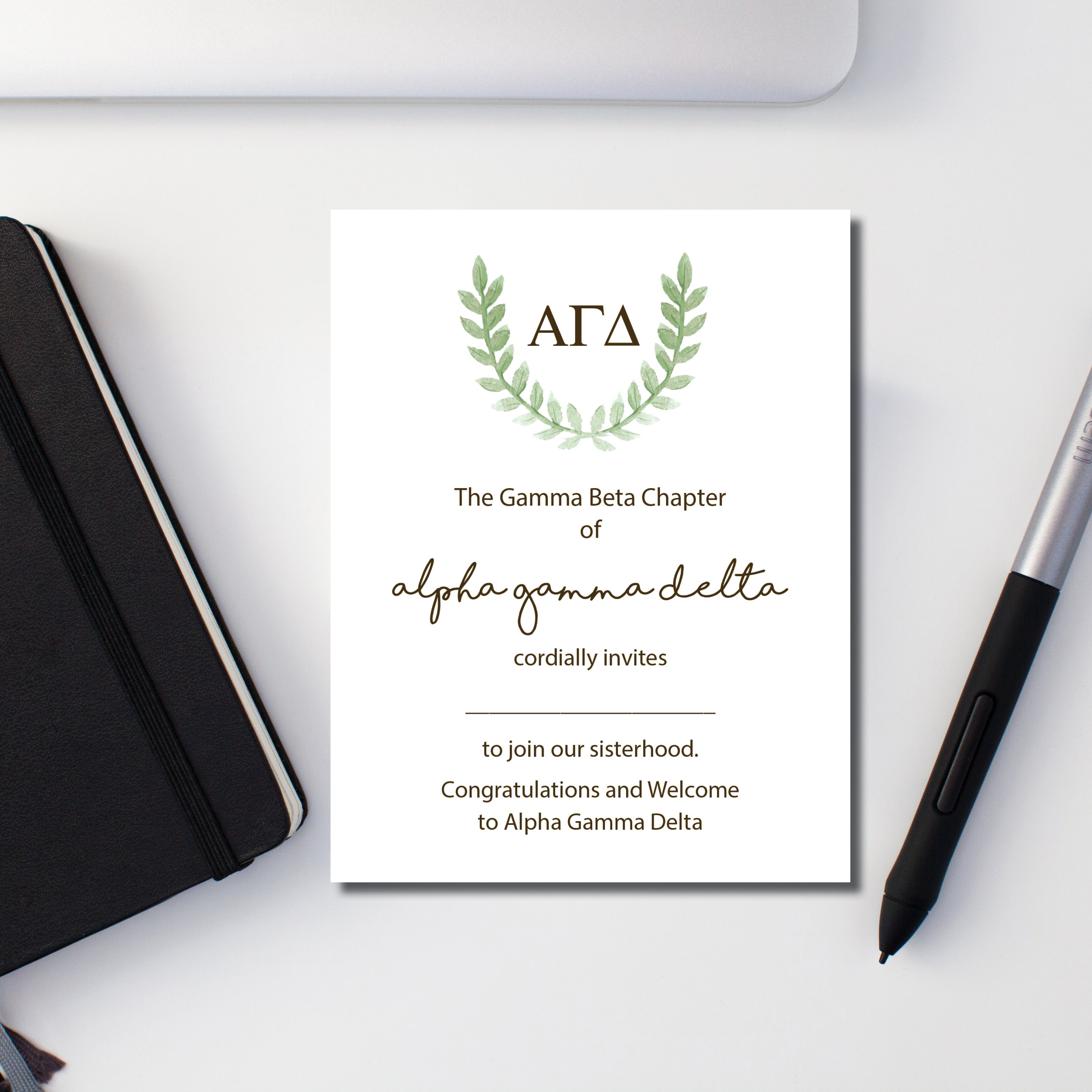 Alpha Gamma Delta, Alpha Gam, Sorority Note Card, Bid Day Card, Laurel