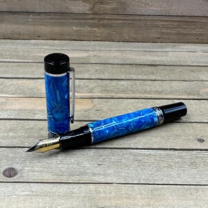 Ceylon Blue Fractured Ultralight Medium Sized Fountain Pen, Classic Style Pen, #6 Gilded Medium-Fine, Silver Hardware and Cobalt Acrylic