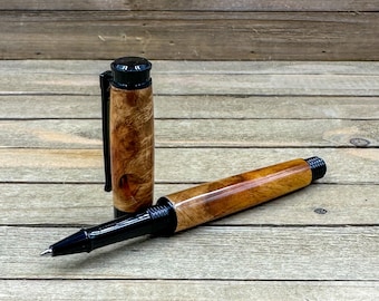 Handmade Amboyna Burl Rollerball Pen: Black Chrome Finish