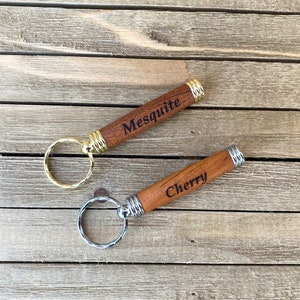Personalize engraved toothpick, money holder, or keepsake urn keychain in either mesquite or cherry wood
