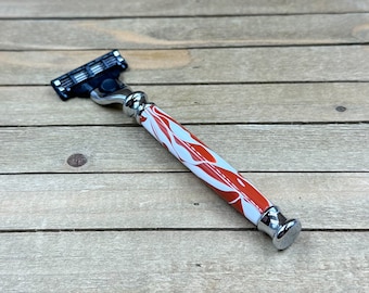 Handcrafted Mach III Razor: Burnt Orange & White Acrylic Handle