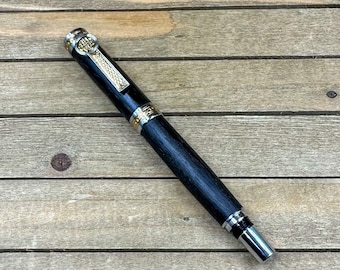 Medium Sized 2000 Year Old Irish Bog Oak Large Rollerball Capped Pen, Rare Wood Pen with Celtic Designs