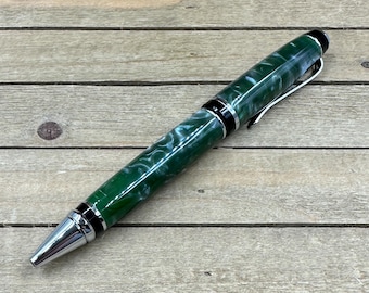 Handcrafted writing pen in Green and Silver acrylic and chrome hardware. Elegant ballpoint twist pen with Parker refill great for Journaling