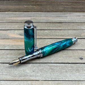 St. Croix Turquoise and Green Fountain Pen in Chrome, Medium Fine Iridium Tipped Nib, Virage Style Fountain Pen, Gold Plated Steel Nib