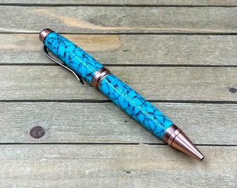 Handcrafted writing pen in turquoise acrylic and antique copper hardware, Elegant ballpoint twist pen with Parker refill great for Journals