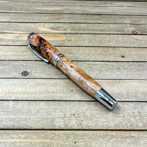 Large Spalted and Figured Maple Burl Rollerball Pen, Handmade Wooden Rollerball Pen, Medium or Fine Point Pen