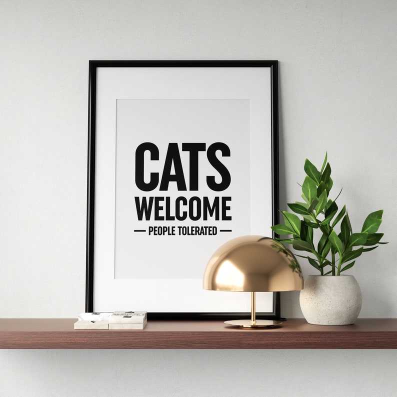Cat Table Sign Plaque Cats Welcome People Tolerated Tabletop Sign Desk Sign With Solid Wood Stand Art Home Shelf Desk Decores
