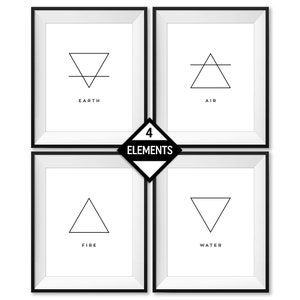 Láminas de los Cuatro Elementos: Tierra, Aire, Fuego, Agua, Elementos Clásicos, Alquimia, Magia, Wicca, Arte de pared minimalista imprimible, DESCARGA INSTANTÁNEA