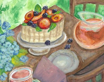 Picnic de nectarinas / Lámina artística de una pintura original en acuarela