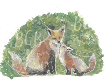 Zorro y gatito / Impresión artística de pintura gouache original