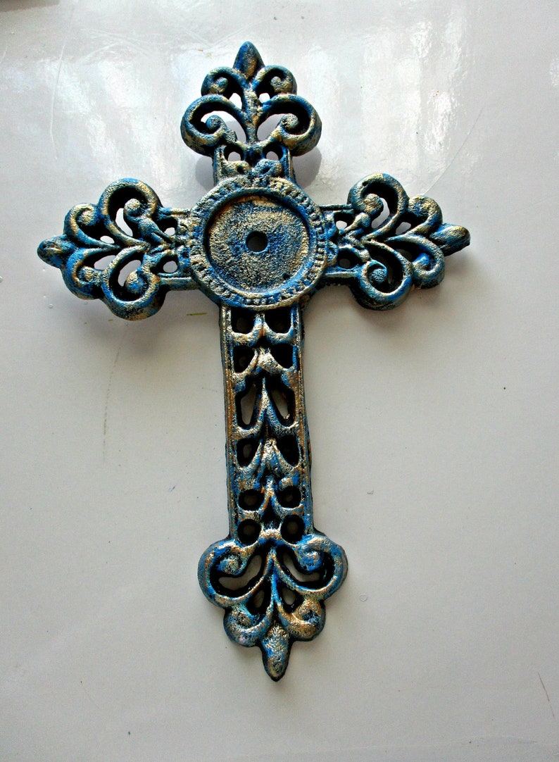 Free Shipping Wall Cross Distressed Black Teal Gold Etsy