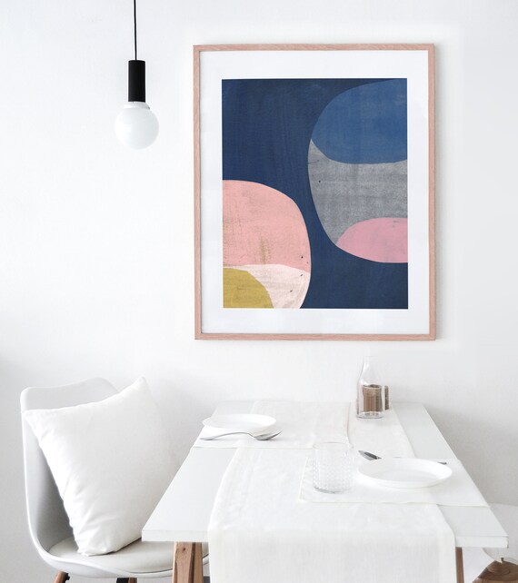 Mid Century Modern Art Navy Blue And Pink Grey Mustard Yellow Circle Dinning Room Decor Download Only