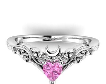 FLOWER MOON : Floral Heart Ring | Pink Topaz or Pink Sapphire Ring | Promise Ring | Dainty Engagement Ring