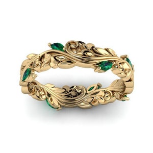 RÍË : Elvish Inspired Wedding Ring | Elven Floral Crown Ring | Elvish Emerald Ring |  Wreath Ring | Unique Engagement Ring | Wedding Band