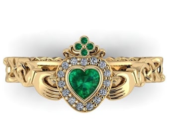 TARA - EMERALD CLADDAGH : Celtic Engagement Ring | Claddagh Ring | Celtic Knotwork Ring | Heart Engagement Ring | Irish Engagement Ring