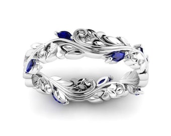 RÍË : Elvish Inspired Wedding Ring | Elven Floral Crown Ring | Elvish Sapphire Ring |  Wreath Ring | Unique Engagement Ring | Wedding Band