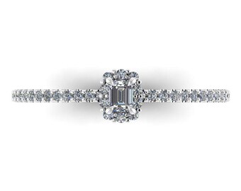 Delicate Devotion: Dainty Emerald Cut Diamond Halo Engagement Ring or Wedding Set.